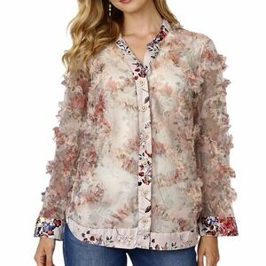 CATO Floral Sheer Mesh Jacket 3D Ruffle Satin Trim Pink Lightweight XL NWOT